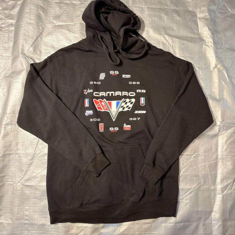 JH Design Chevy Camaro Hoodie Mens XL Black Pullover Sweatshirt Z28 SS RS Flags